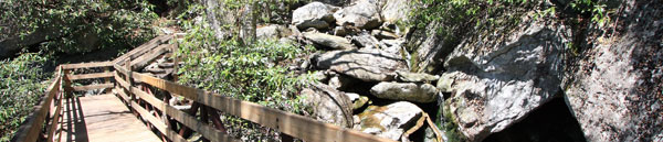 Photo of a wooden bridge over a swift creek along the trail